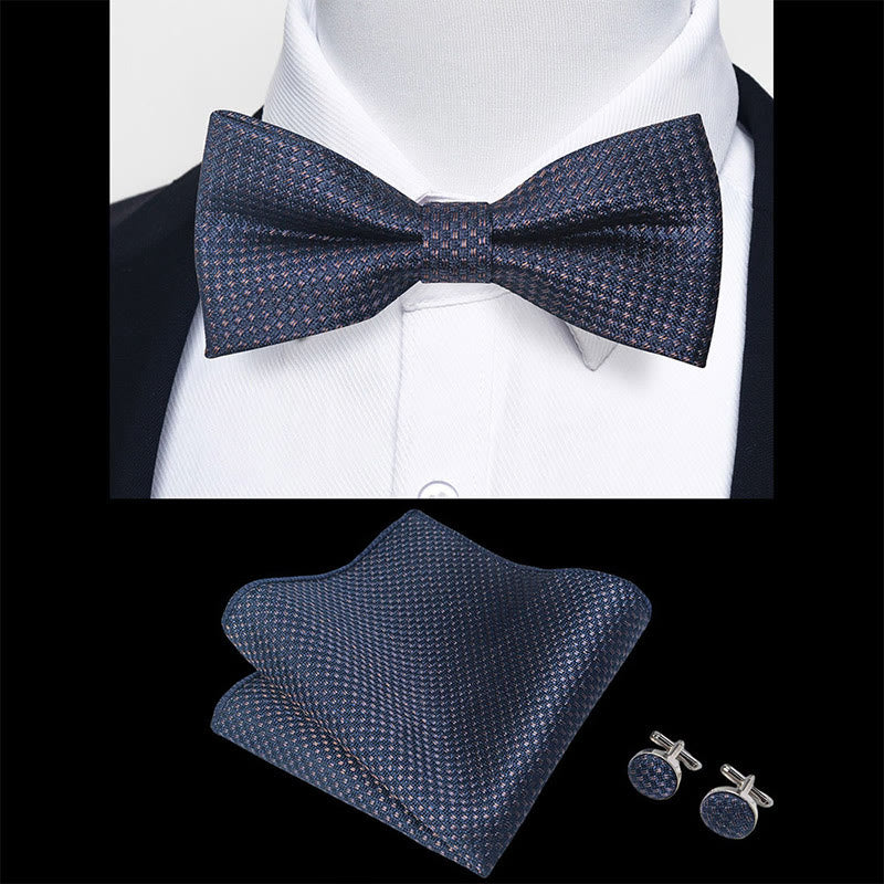 3Pcs Men's Textured Fabric Bow Tie Cufflink And Pocket Square Set - image 7