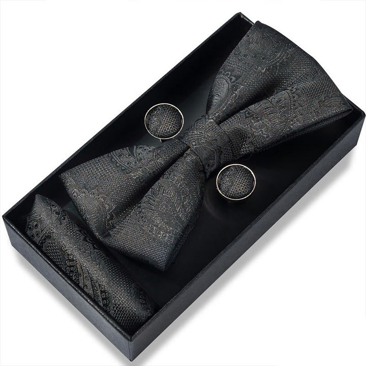 3Pcs Men's Textured Fabric Bow Tie Cufflink And Pocket Square Set - Style #2 - image 2