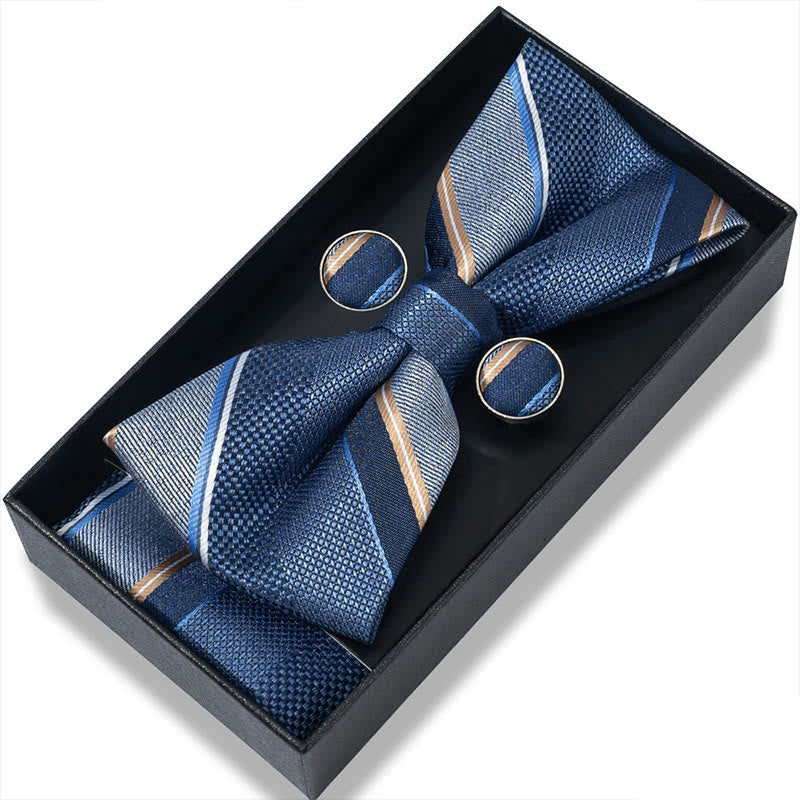 3Pcs Men's Textured Fabric Bow Tie Cufflink And Pocket Square Set - Style #51 - image 100