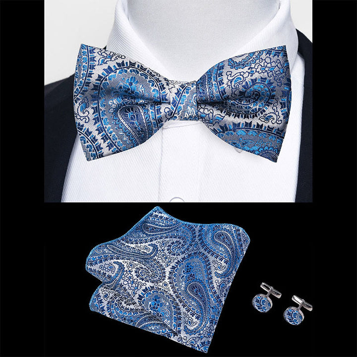 3Pcs Men's Textured Fabric Bow Tie Cufflink And Pocket Square Set - image 85