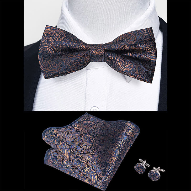 3Pcs Men's Textured Fabric Bow Tie Cufflink And Pocket Square Set - image 1