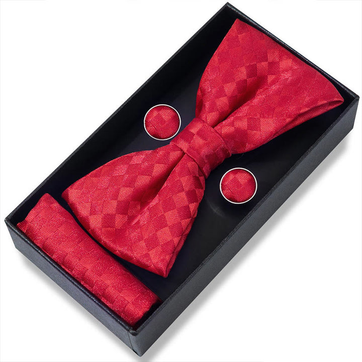 3Pcs Men's Textured Fabric Bow Tie Cufflink And Pocket Square Set - Style #17 - image 32