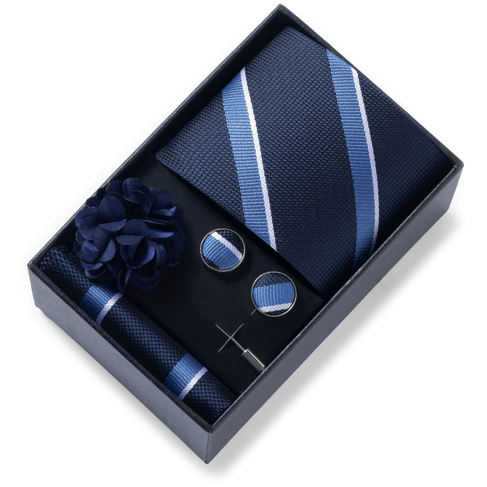4Pcs Men's Stylish Patterned Fabric Necktie Pocket Square Cufflink And Lapel Flower Set - Style #9 - image 8