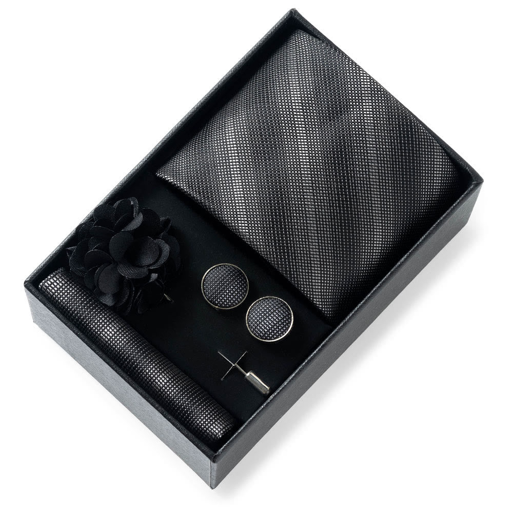 4Pcs Men's Stylish Patterned Fabric Necktie Pocket Square Cufflink And Lapel Flower Set - Style #11 - image 10