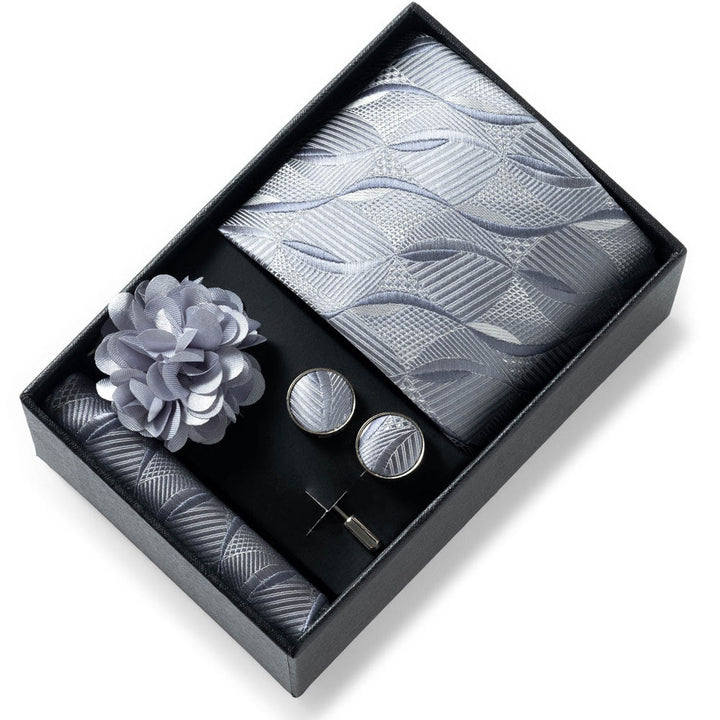 4Pcs Men's Stylish Patterned Fabric Necktie Pocket Square Cufflink And Lapel Flower Set - Style #49 - image 48