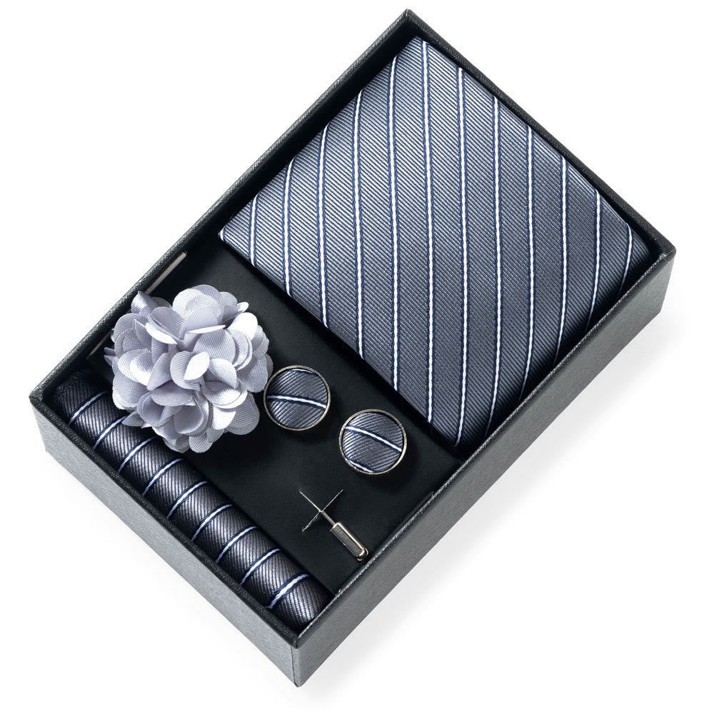 4Pcs Men's Stylish Patterned Fabric Necktie Pocket Square Cufflink And Lapel Flower Set - Style #18 - image 17