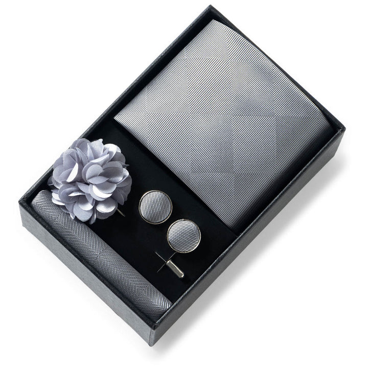 4Pcs Men's Stylish Patterned Fabric Necktie Pocket Square Cufflink And Lapel Flower Set - Style #25 - image 24