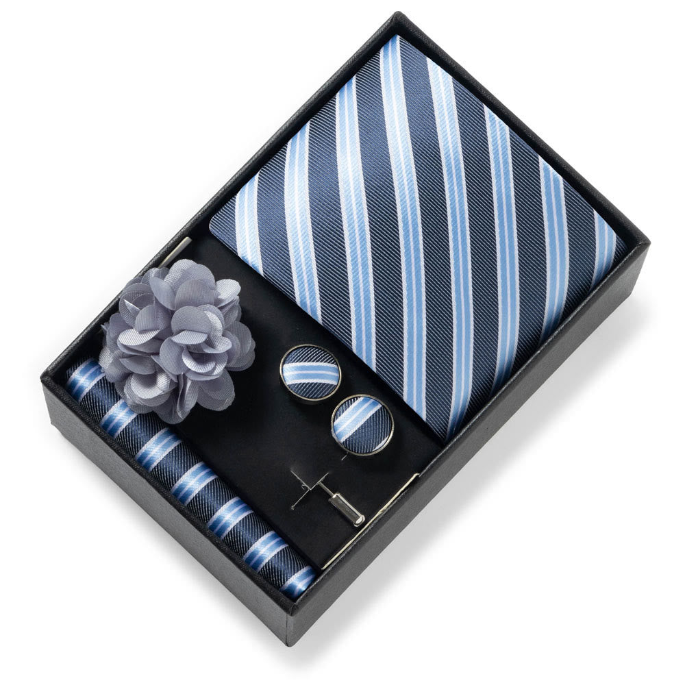 4Pcs Men's Stylish Patterned Fabric Necktie Pocket Square Cufflink And Lapel Flower Set - Style #8 - image 7