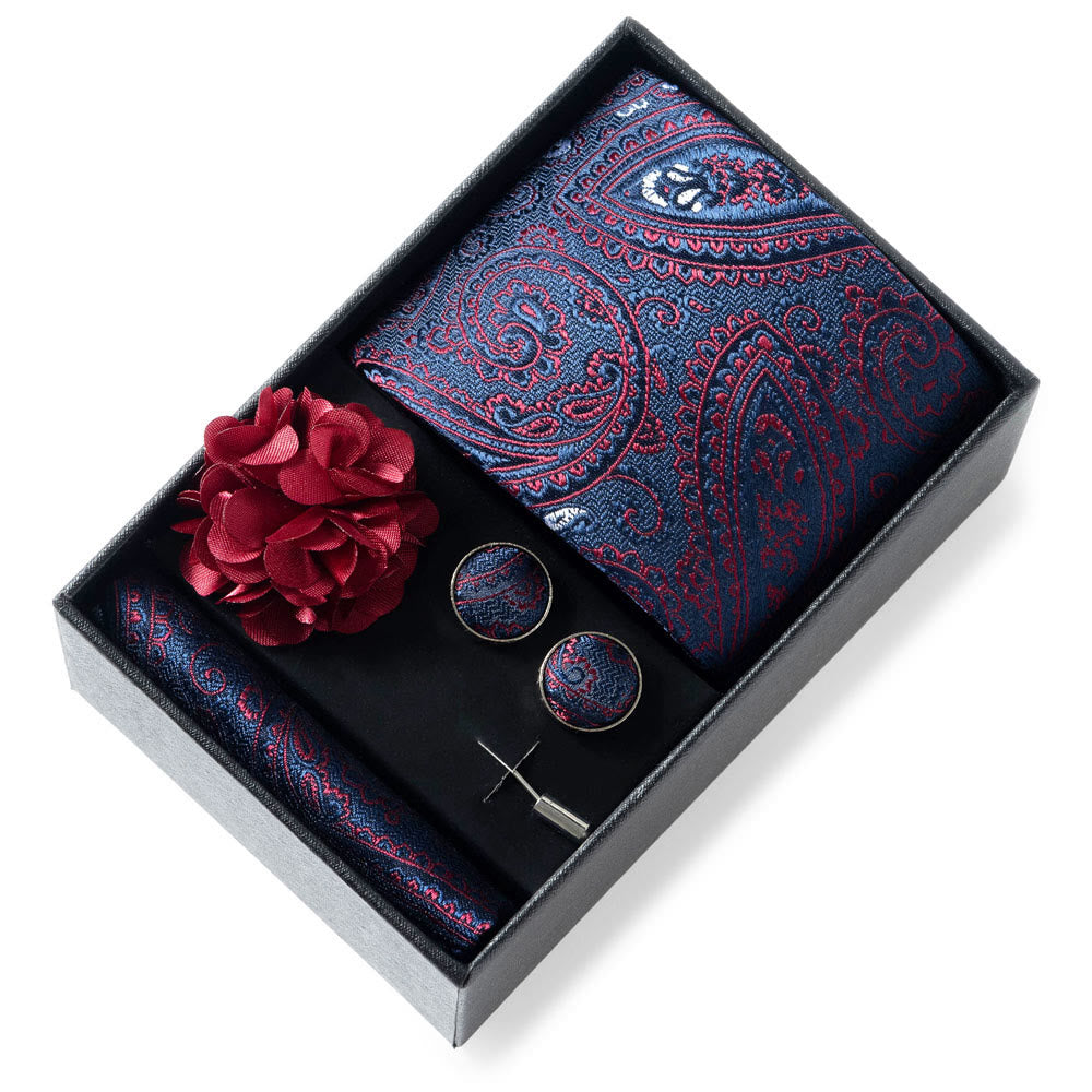 4Pcs Men's Stylish Patterned Fabric Necktie Pocket Square Cufflink And Lapel Flower Set - Style #2 - image 1