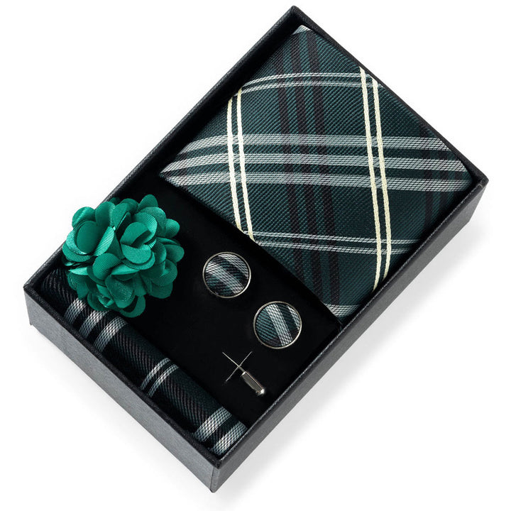 4Pcs Men's Stylish Patterned Fabric Necktie Pocket Square Cufflink And Lapel Flower Set - Style #45 - image 44