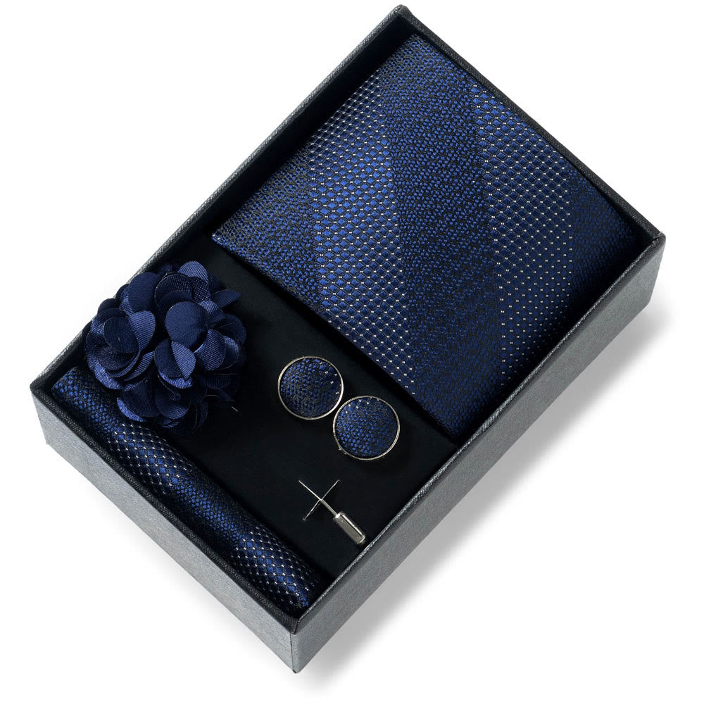 4Pcs Men's Stylish Patterned Fabric Necktie Pocket Square Cufflink And Lapel Flower Set - Style #16 - image 15