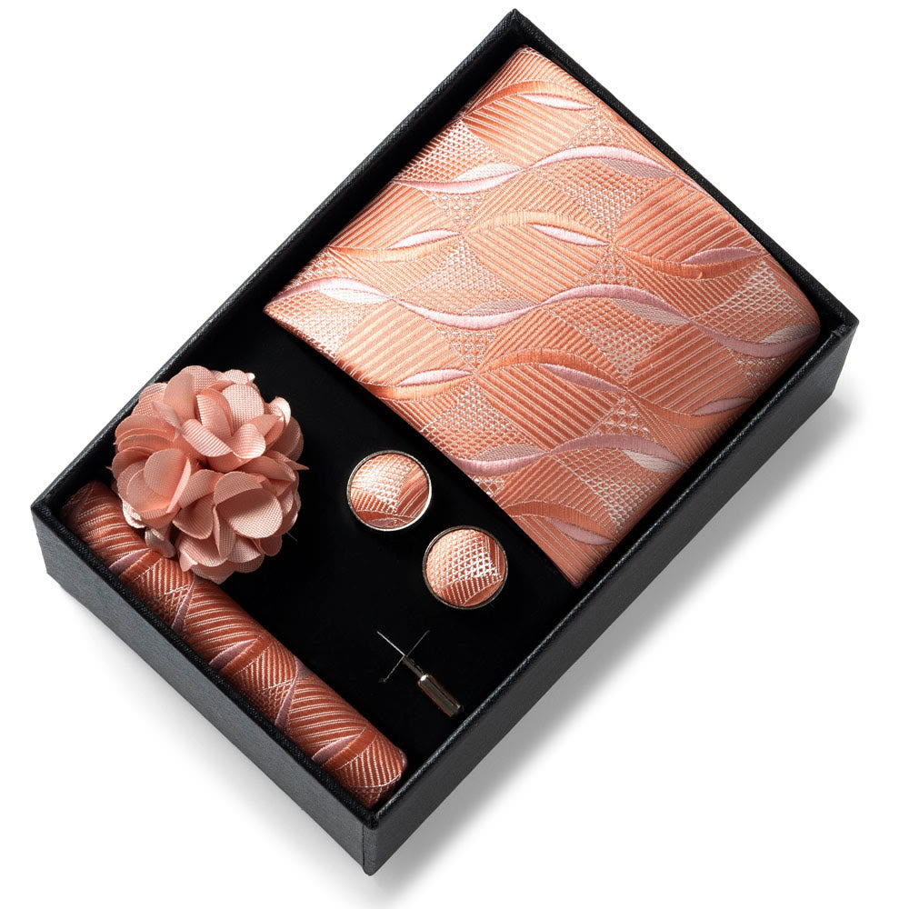 4Pcs Men's Stylish Patterned Fabric Necktie Pocket Square Cufflink And Lapel Flower Set - Style #50 - image 49