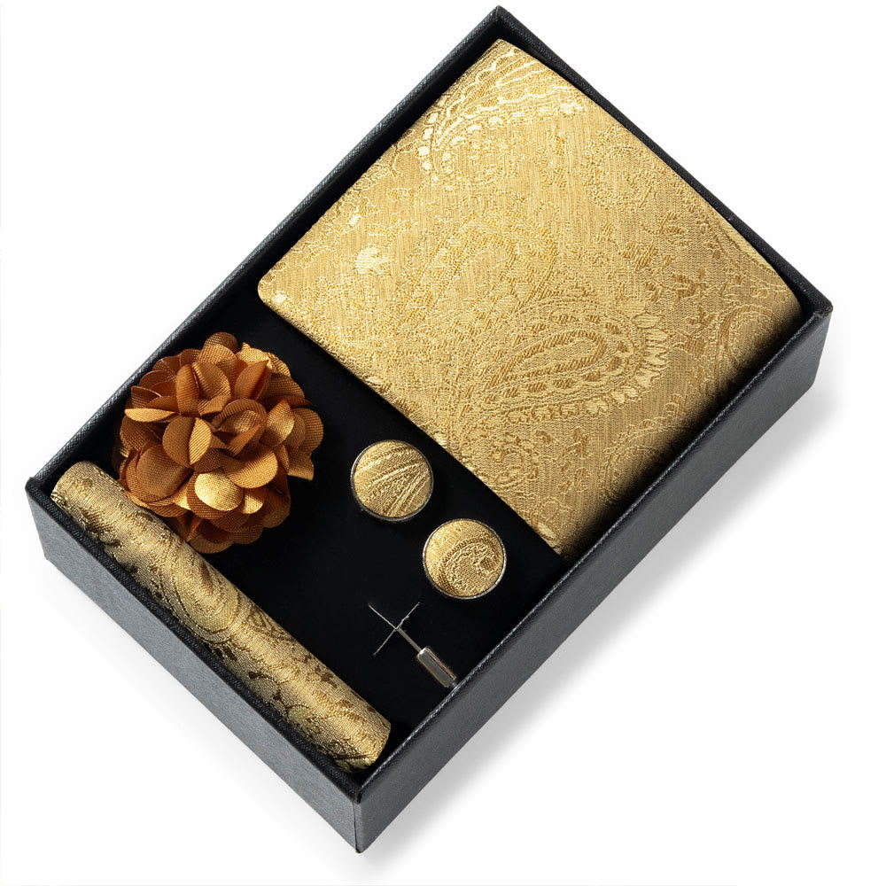 4Pcs Men's Stylish Patterned Fabric Necktie Pocket Square Cufflink And Lapel Flower Set - Style #47 - image 46