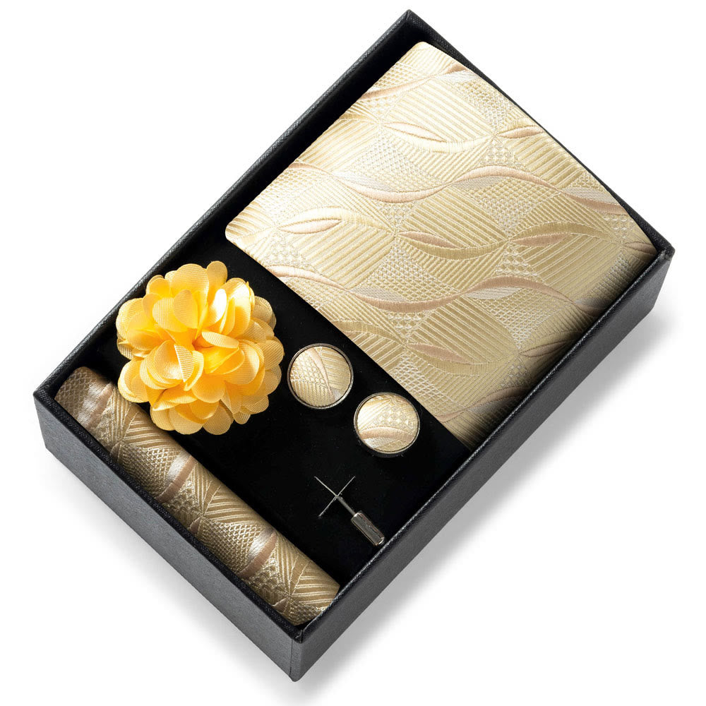 4Pcs Men's Stylish Patterned Fabric Necktie Pocket Square Cufflink And Lapel Flower Set - Style #51 - image 50