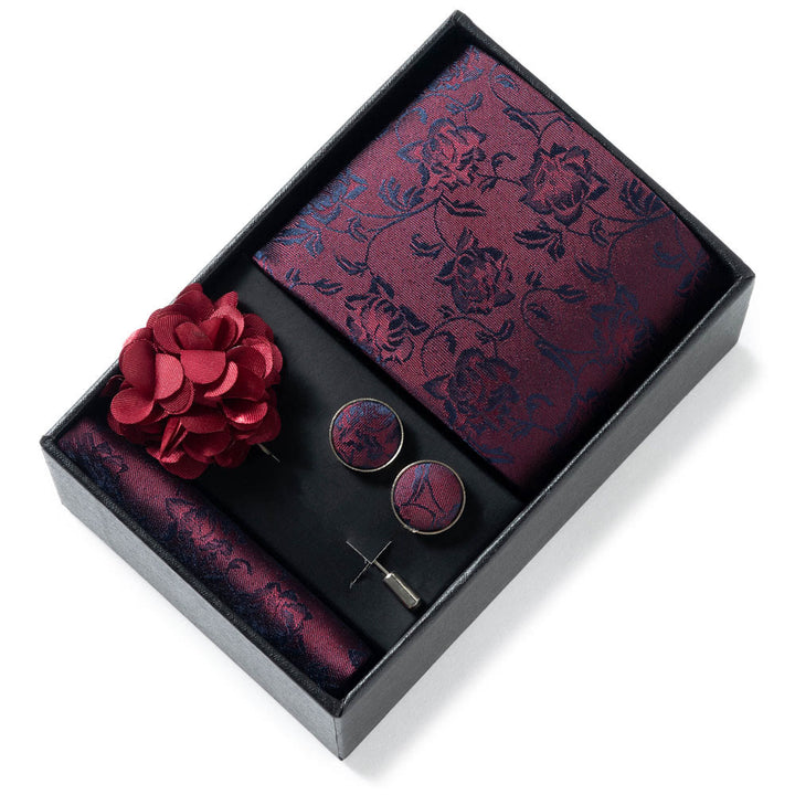 4Pcs Men's Stylish Patterned Fabric Necktie Pocket Square Cufflink And Lapel Flower Set - Style #1 - image 0