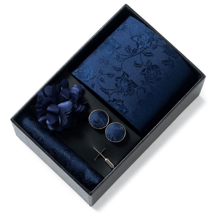 4Pcs Men's Stylish Patterned Fabric Necktie Pocket Square Cufflink And Lapel Flower Set - Style #10 - image 9