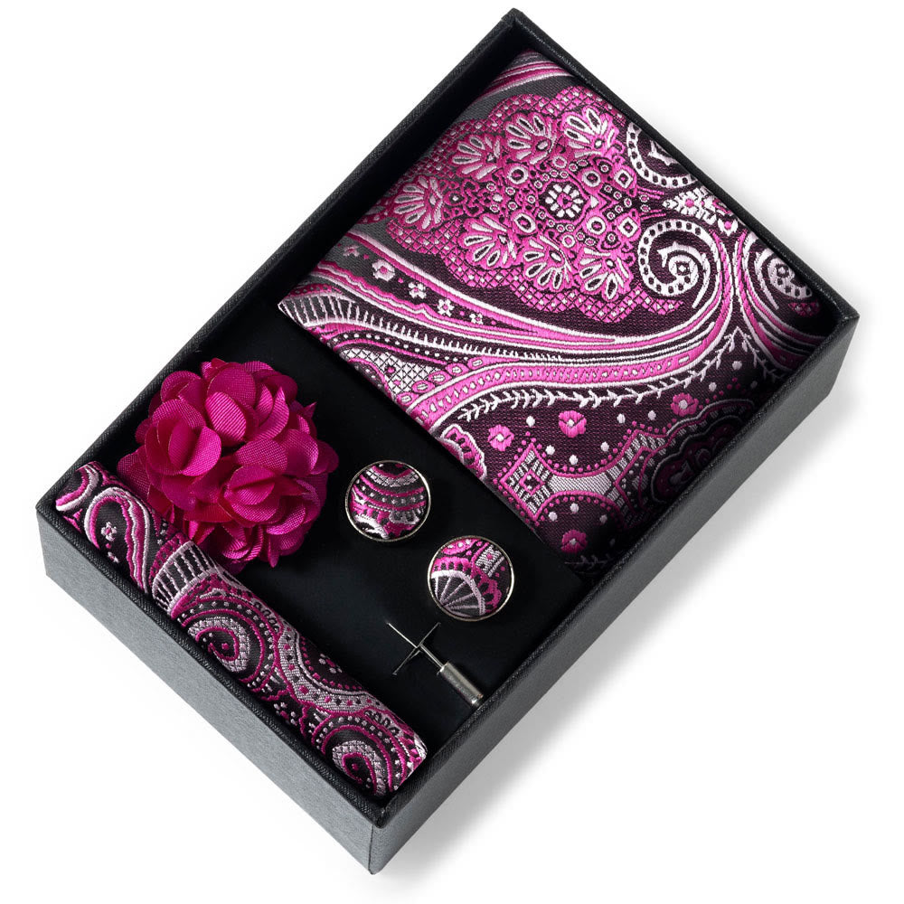 4Pcs Men's Stylish Patterned Fabric Necktie Pocket Square Cufflink And Lapel Flower Set - Style #42 - image 41