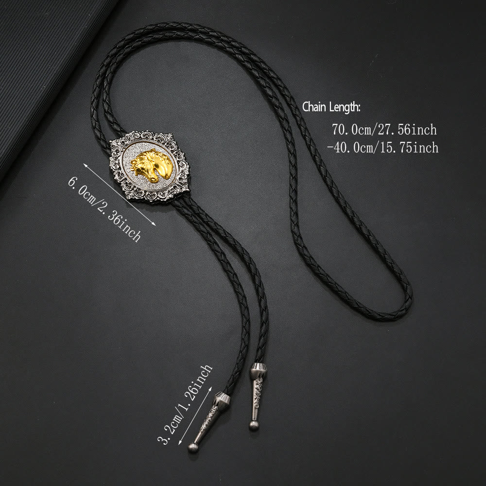 Horse And Bull Head Emblem Vintage Carved Metal Bolo Tie - image 4