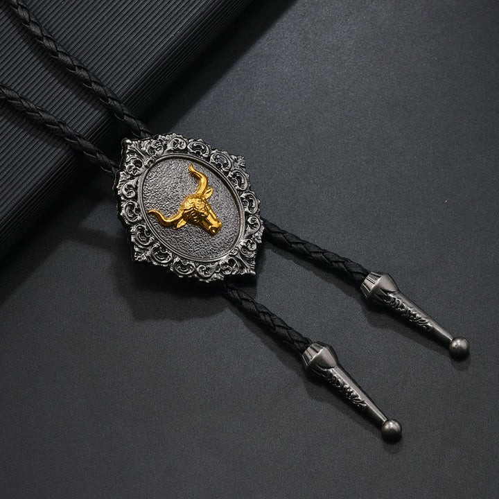 Horse And Bull Head Emblem Vintage Carved Metal Bolo Tie - Bull - image 2
