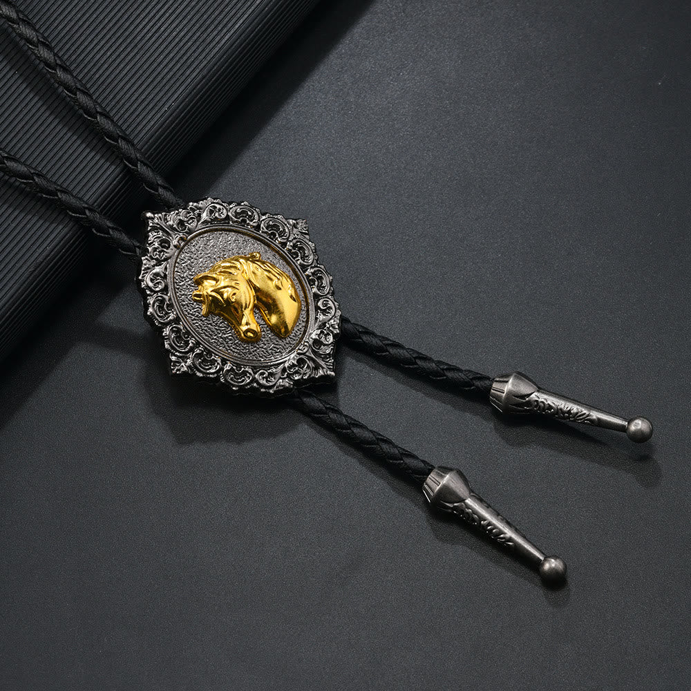 Horse And Bull Head Emblem Vintage Carved Metal Bolo Tie - Horse - image 1