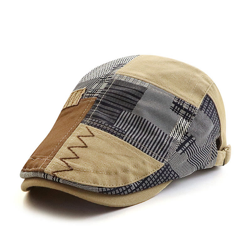 Artisanal Patchwork Multi-Texture Zigzag-Stitched Newsboy Beret Hat - Yellow - Adjustable (22"-23 5/8") - image 6