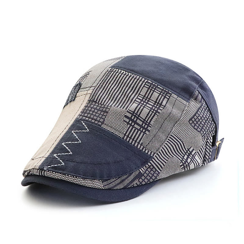 Artisanal Patchwork Multi-Texture Zigzag-Stitched Newsboy Beret Hat - Dark Blue - Adjustable (22"-23 5/8") - image 5