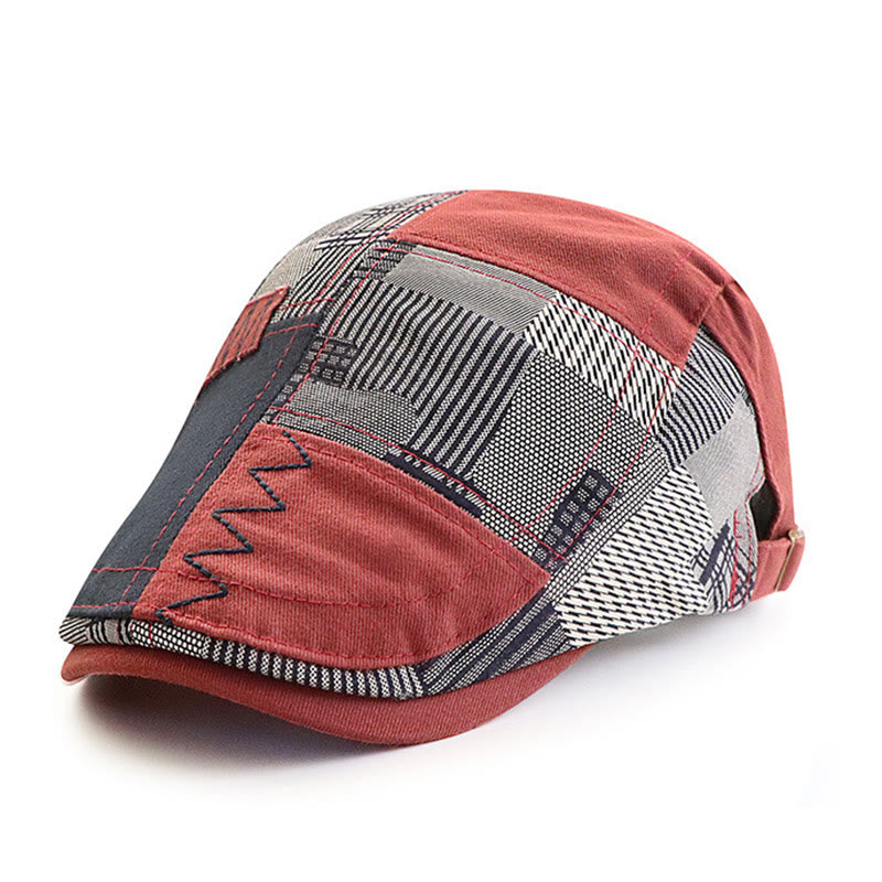 Artisanal Patchwork Multi-Texture Zigzag-Stitched Newsboy Beret Hat - Red - Adjustable (22"-23 5/8") - image 7