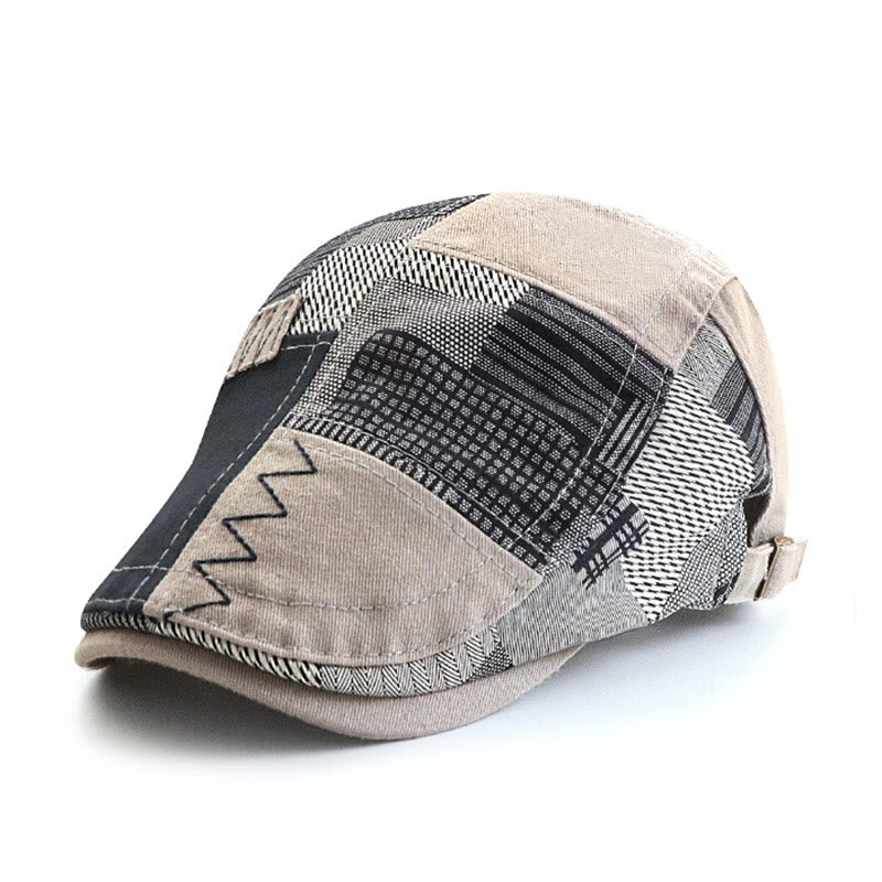 Artisanal Patchwork Multi-Texture Zigzag-Stitched Newsboy Beret Hat - Light Grey - Adjustable (22"-23 5/8") - image 0