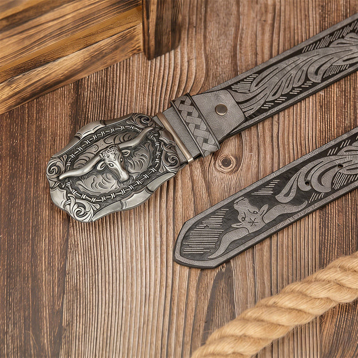 Men's Retro Bull Head Carved Buckle Leather Belt - image 4