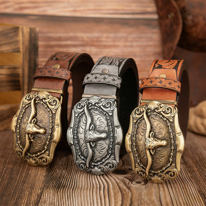 Men's Retro Bull Head Carved Buckle Leather Belt - image 1