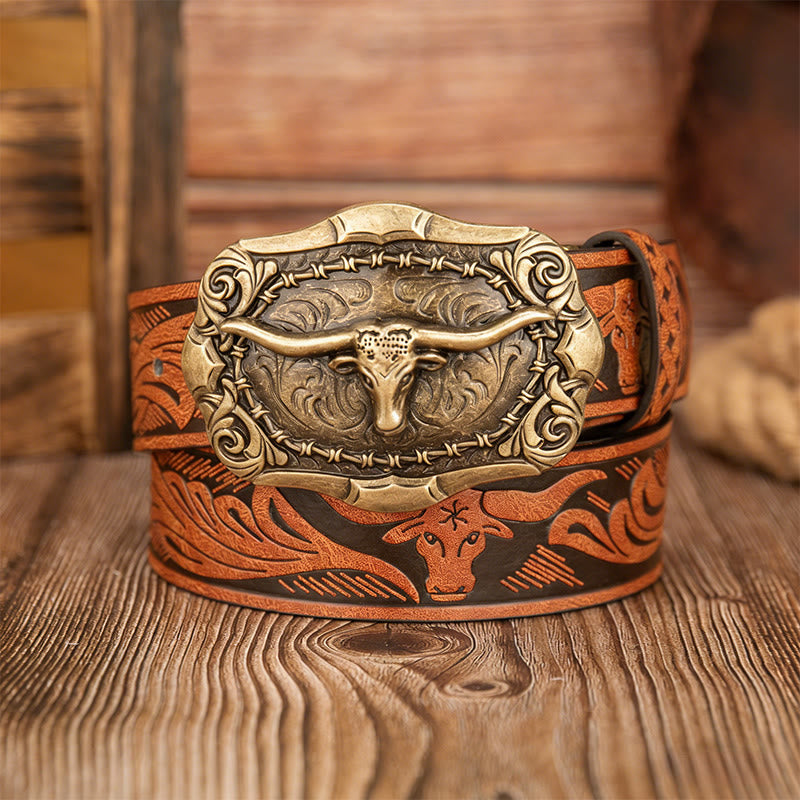 Men's Retro Bull Head Carved Buckle Leather Belt - Camel - 38 - image 2