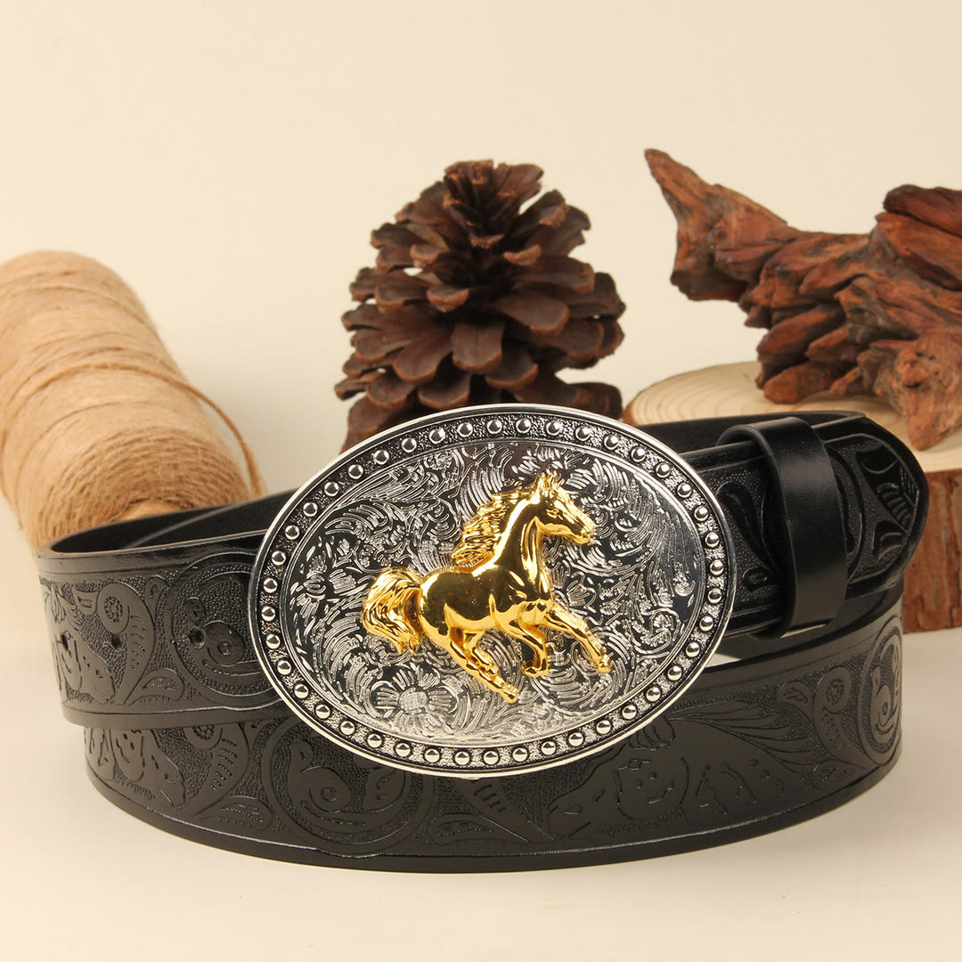 Men's Golden Horse Silver Oval Buckle Embossed Leather Belt - Golden Horse+Black Belt - 38 - image 0