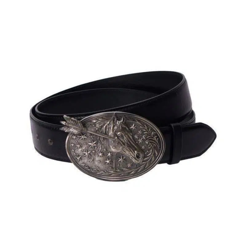Men's Silver Horsehead Arrow Stars Buckle Black Leather Belt - Silver Horsehead - 34 - image 0