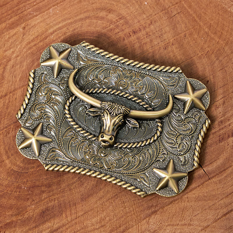 Men's Vintage Bull Head Relief Stars Buckle Leather Belt - image 1