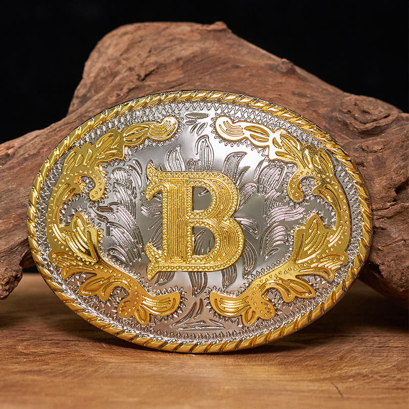 Men's Oval Golden Carved Letter Buckle Leather Belt - B - Without Belt - image 0