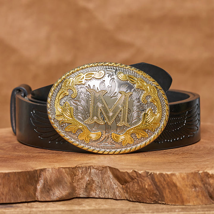 Men's Oval Golden Carved Letter Buckle Leather Belt - image 5