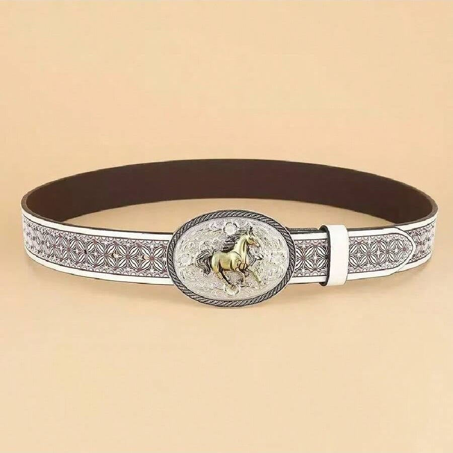 Vintage Gold Horse-Carved Buckle Geometric Dark-Trim Leather Belt - image 1