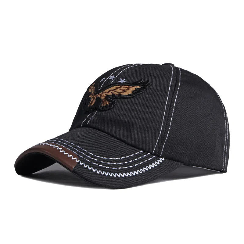 Eagle Embroidery Contrast Stitch Leather Trim Baseball Cap - Black - Adjustable (21 5/8''-23 5/8") - image 0