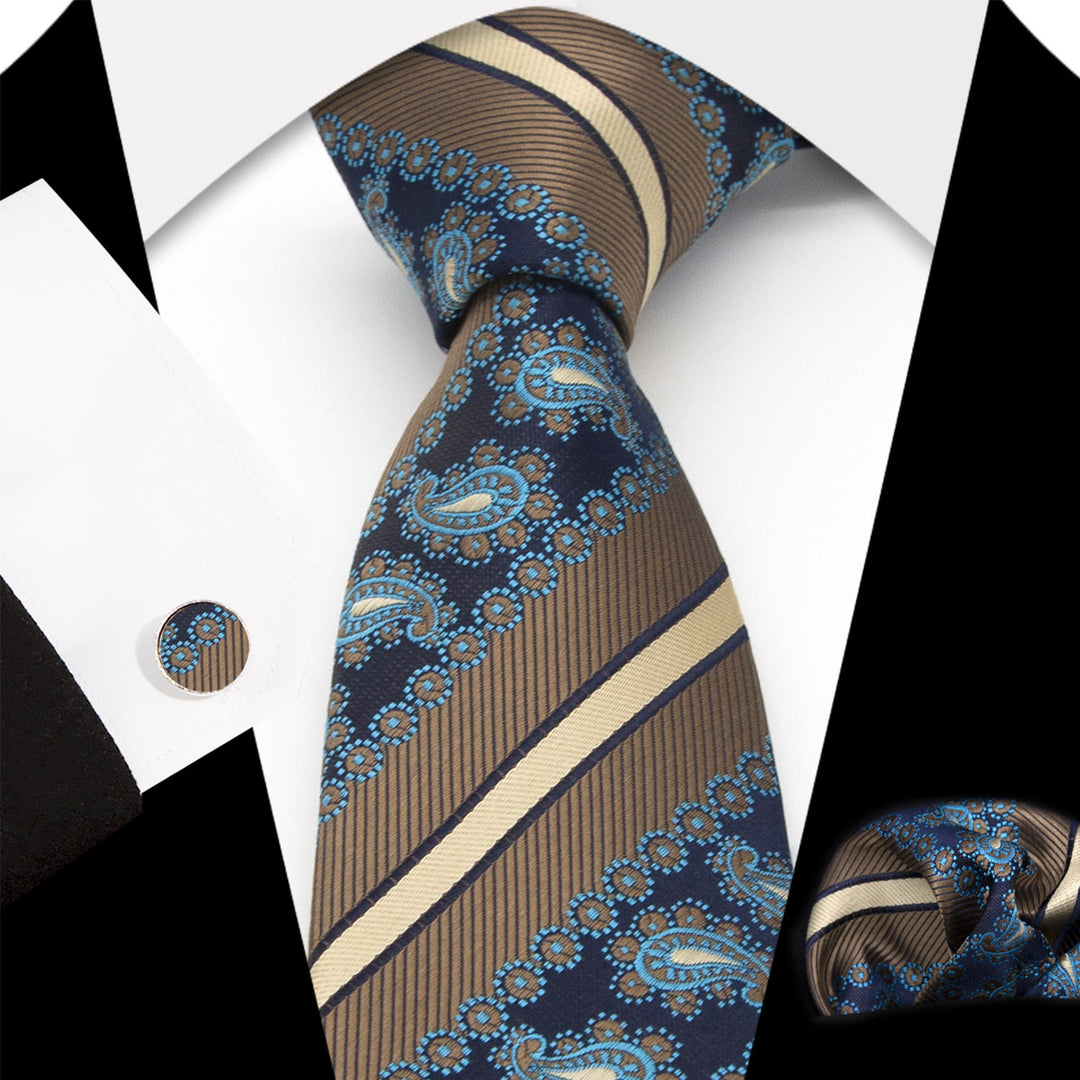 3Pcs Men's Brown Stripes & Navy Paisley Necktie Set - Brown & Navy - image 0