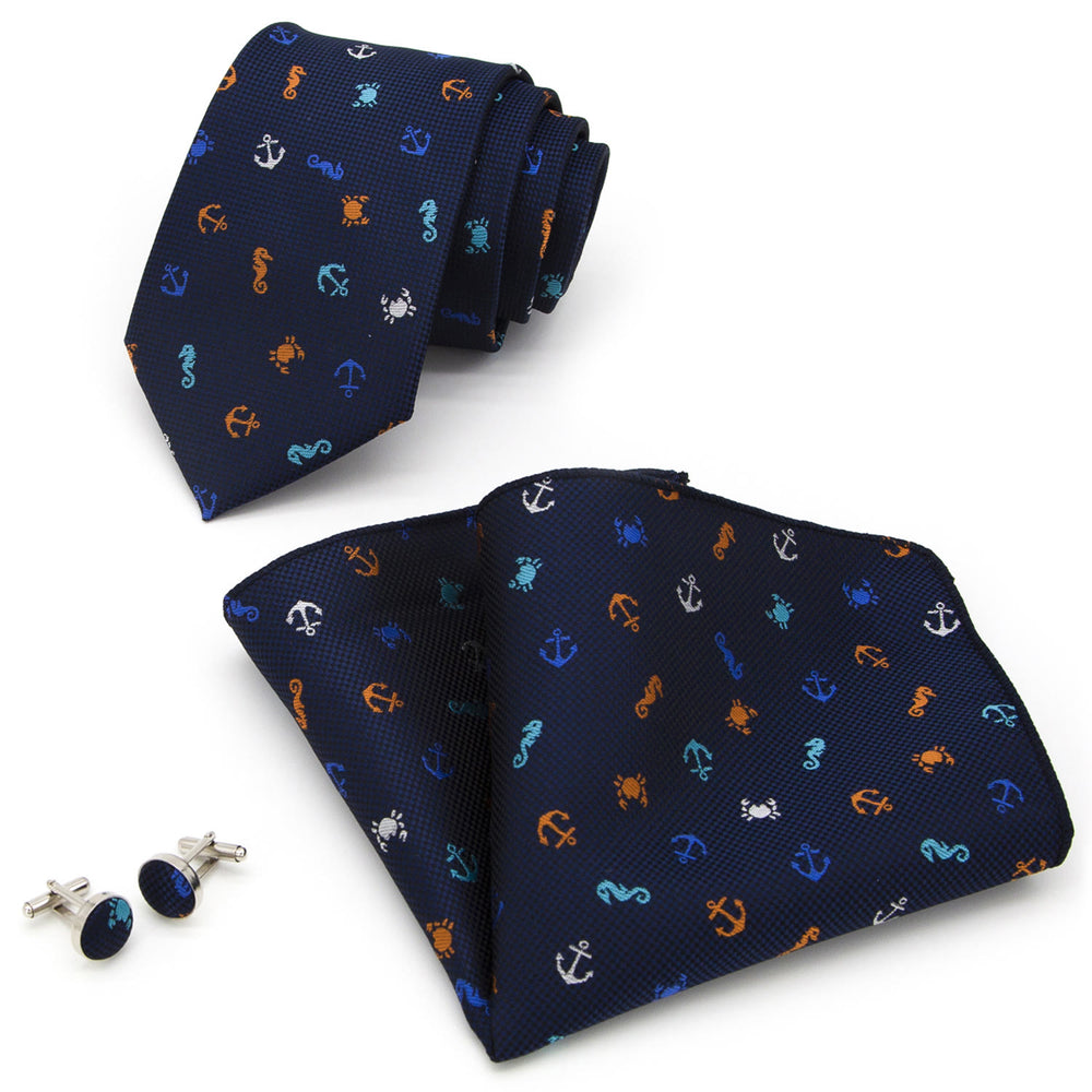 3Pcs Men's Navy Blue Nautical Themed Necktie Set - image 1