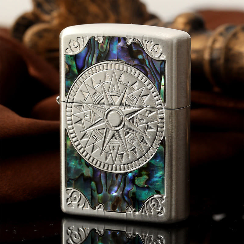 Silver Metal Colored Shell Compass Carved Kerosene Lighter - image 0