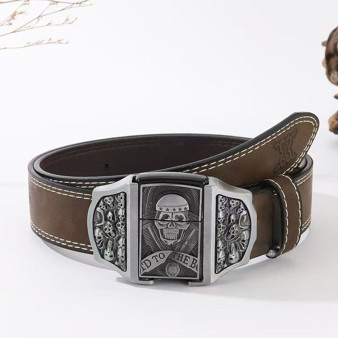 Men's Skull Head Leather Belt With Hidden Lighter - Skull - 40 - image 0