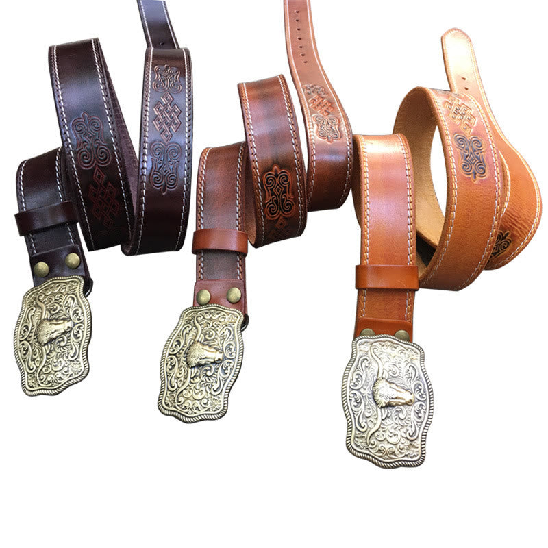 Men's Western Style Copper Bullhead Buckle Embossed Leather Belt - image 1