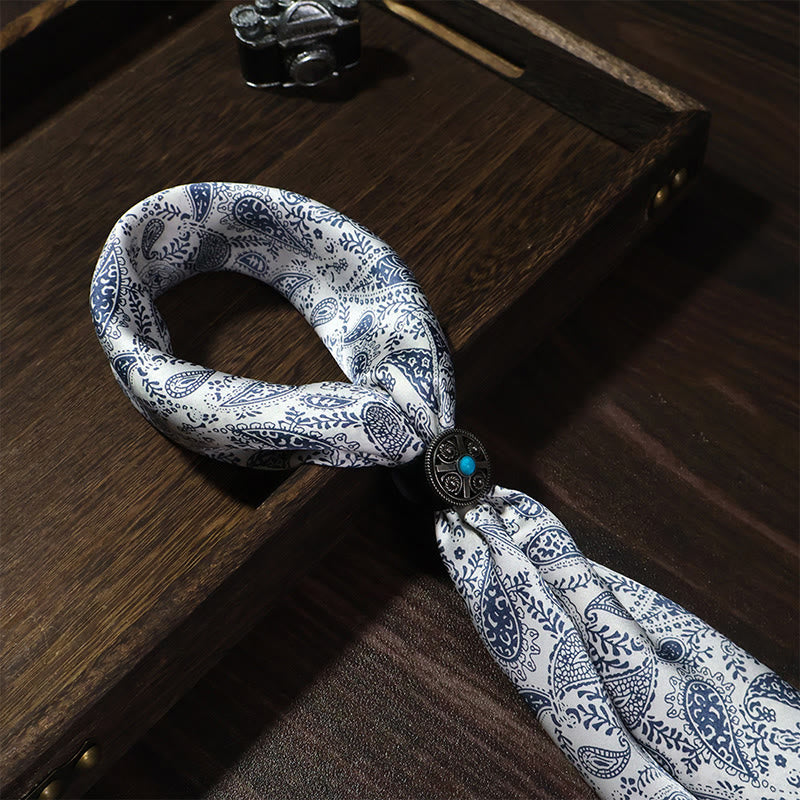 Vintage Elegant Paisley Pattern Pocket Square with Turquoise Round Buckle - White - image 0