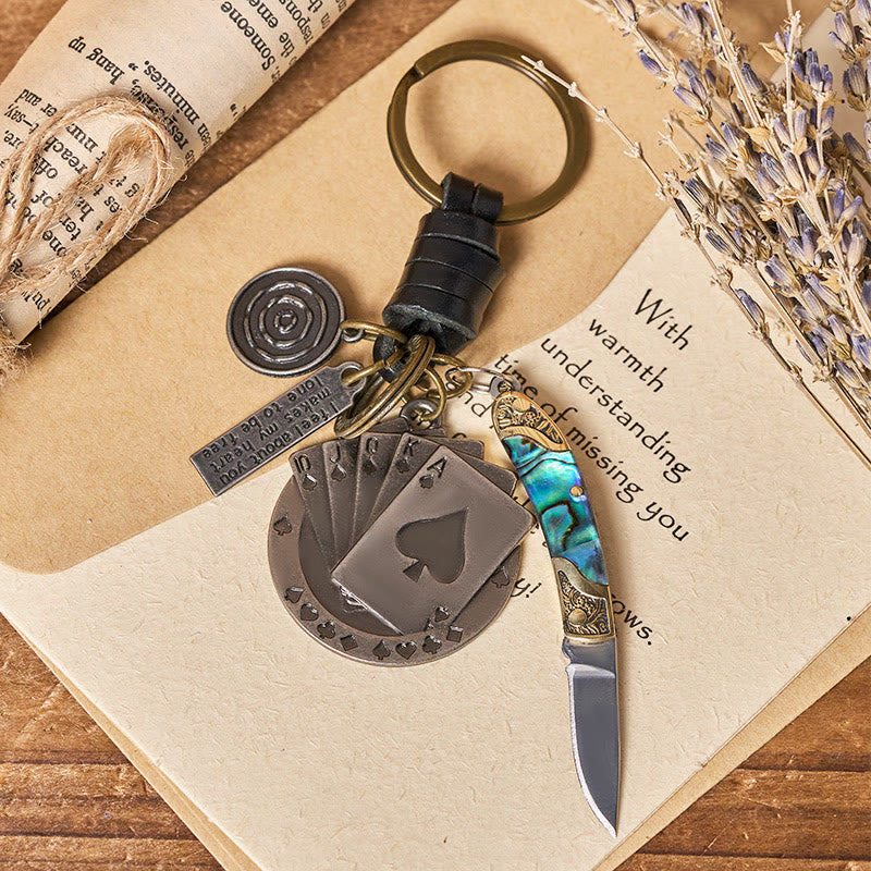 Retro Poker Pendant With Shell Texture Folding Knife Keychain - Poker - image 0