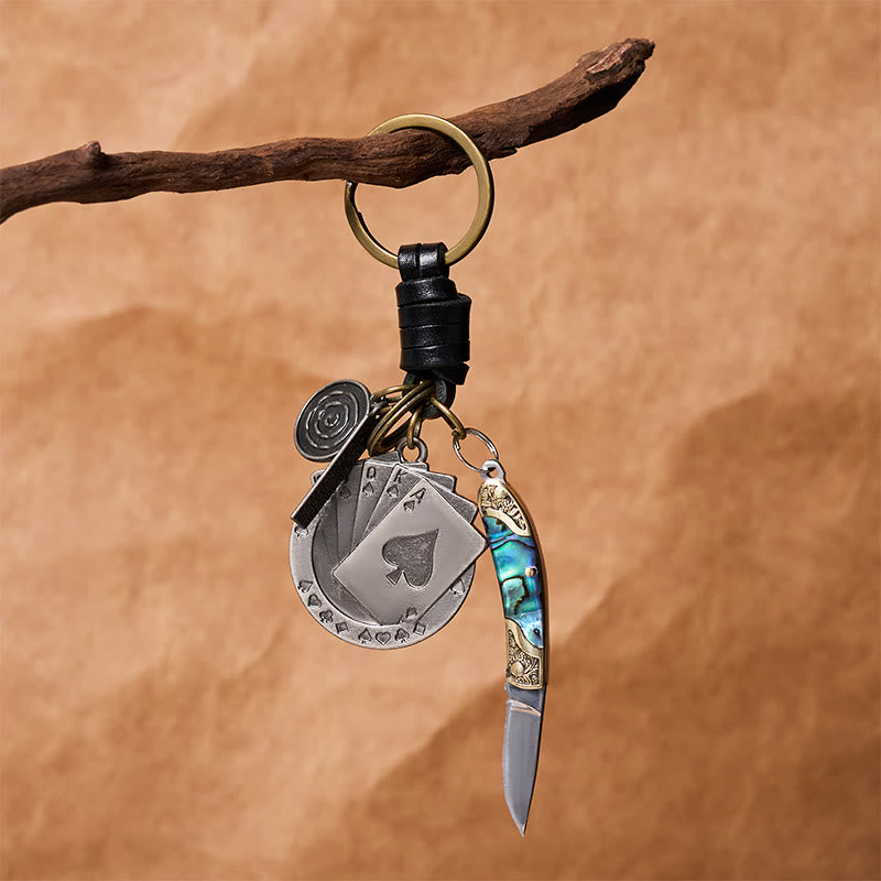 Retro Poker Pendant With Shell Texture Folding Knife Keychain - image 3