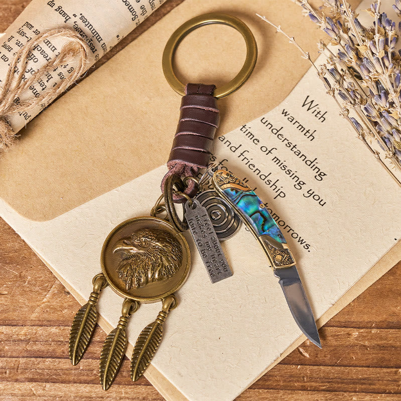 Retro Eagle Head Round Pendant Shell Texture Folding Knife Keychain - Eagle Head - image 0