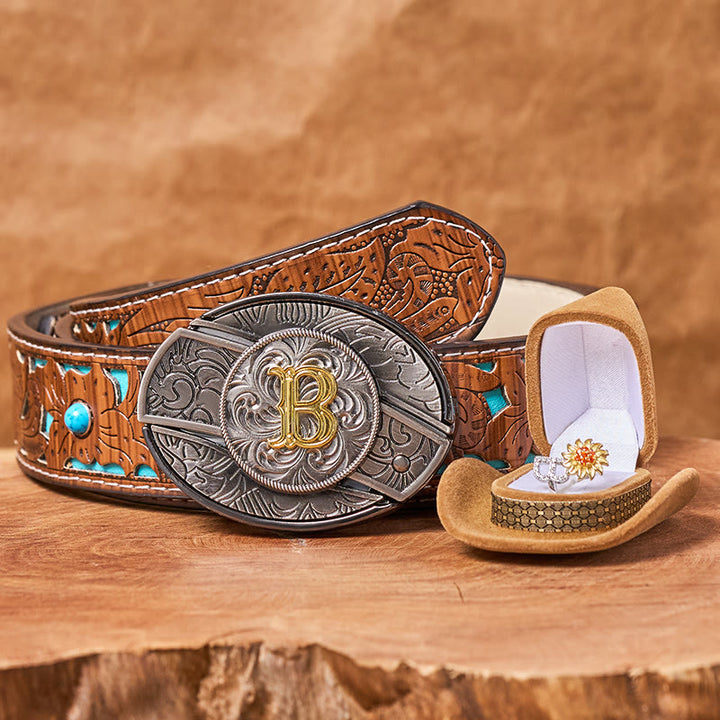 Rotating Sunflower Ring Initial Letter DIY Hidden Knife Belt Buckle Bundle Set - B - Turquoise Carved Belt (40) - image 4