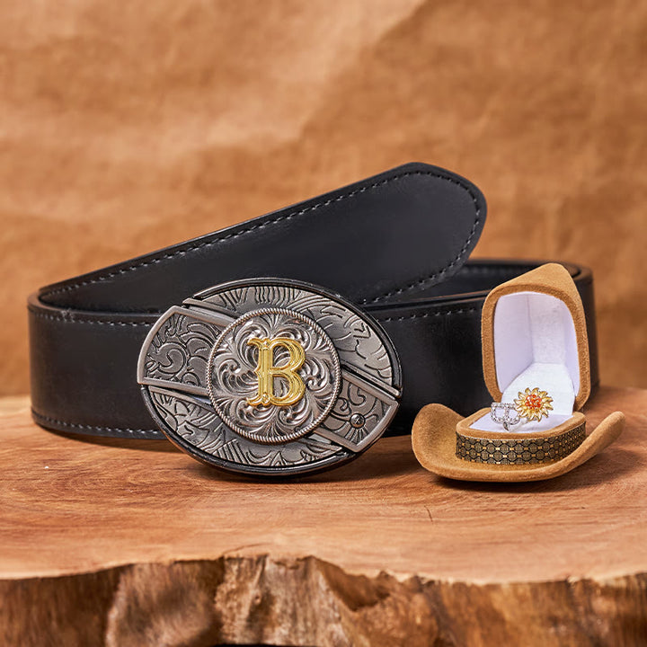 Rotating Sunflower Ring Initial Letter DIY Hidden Knife Belt Buckle Bundle Set - B - Black Embossed Eagle Belt (40) - image 3