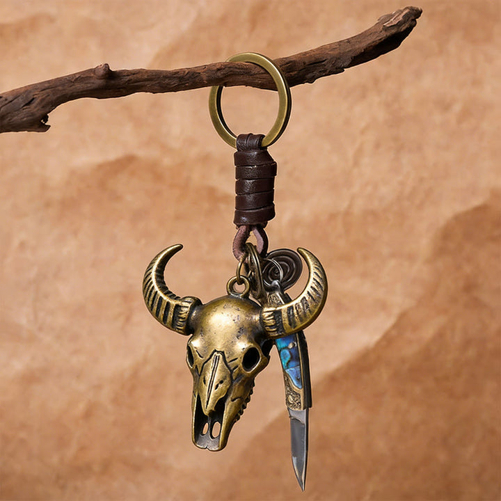 Retro Bull Head Pendant Shell Texture Folding Knife Keychain - image 3
